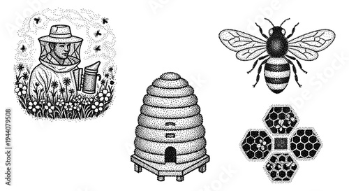 Vintage beekeeper in a field of flowers with a bee, hive, and honeycomb illustration