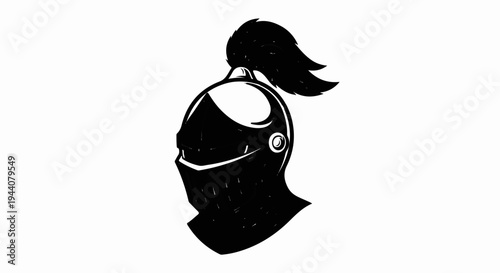 A black, stylized medieval knight's helmet with a plume of hair