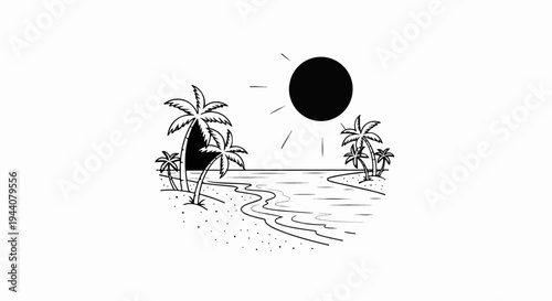 A black sun shines over a tranquil beach with palm trees and gentle waves