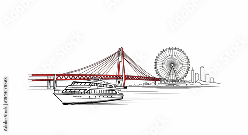 A sketch of a cruise ship sailing past a suspension bridge with a Ferris wheel and cityscape