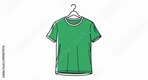 A green t-shirt with a white collar and cuffs hangs on a black hanger