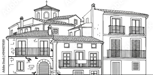 A sketch of densely packed, multi-story buildings featuring tiled roofs, balconies, and arched doorways
