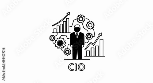 A business executive is shown with graphs and gears, symbolizing success and operations