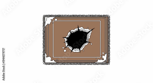 A brown rug with a large, jagged hole in the center, revealing blackness