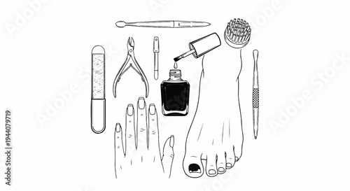 A hand, foot, and various nail care tools laid out for grooming