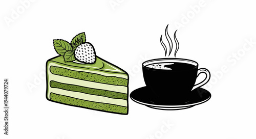 A slice of layered green cake with strawberry and mint, next to a steaming black coffee