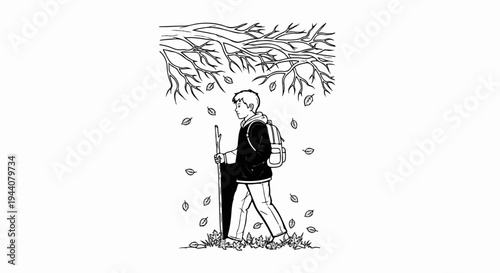 A young person walks with a stick and backpack under falling leaves and bare branches