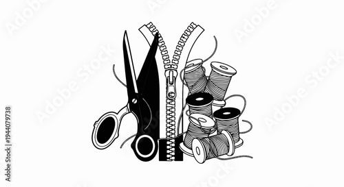 A zipper, scissors, and spools of thread create a sewing montage illustration