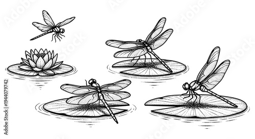 Vintage illustration of dragonflies resting on lily pads in calm water