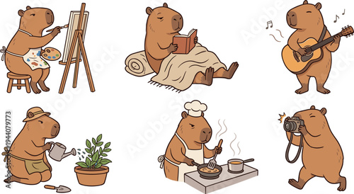 Relaxing Bear Characters in Hobbies, Including Painting, Reading, Gardening, Cooking, and Playing Guitar