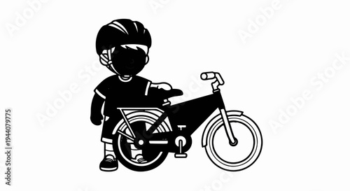 A cartoon child wearing a helmet stands beside a bicycle