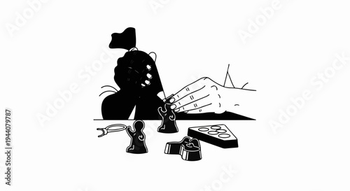 A hand places a game piece next to other pieces on a surface