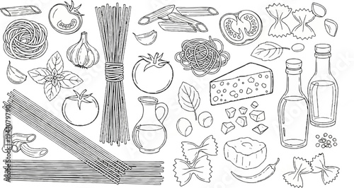 A hand-drawn assortment of Italian ingredients for cooking pasta dishes