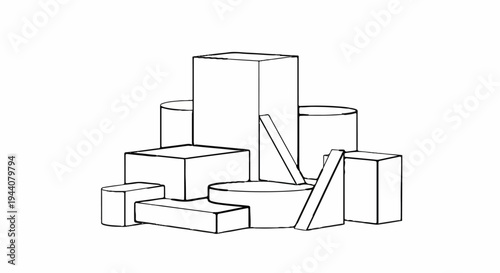 Abstract arrangement of geometric shapes including cubes, cylinders, and wedges
