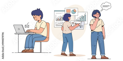 Illustration of People Working and Thinking with Graphs and Laptop