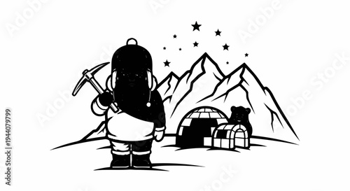 A cartoon figure in arctic gear stands with a pickaxe, an igloo, and mountains behind it