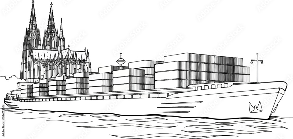 Fototapeta premium A large cargo ship loaded with containers sails on wavy water near a gothic cathedral
