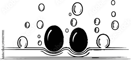 Abstract black spheres and circles float on wavy lines against a white background