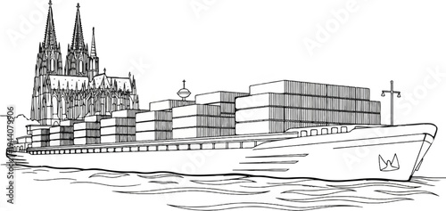 A large cargo ship loaded with containers sails on wavy water near a gothic cathedral