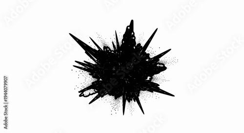 Abstract black spiky starburst with granular texture on white background