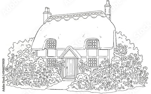A charming cottage with a thatched roof, surrounded by lush, blooming flowers