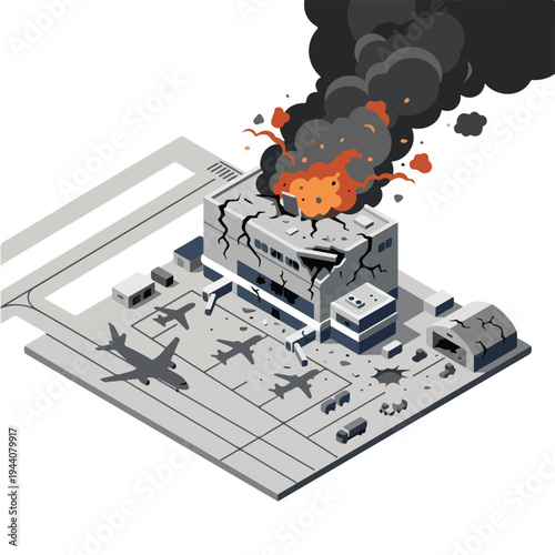 isometric vector flat of an airport damaged by fire from a missile attack 010
