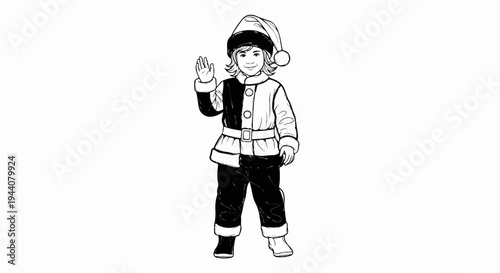 A cheerful child in a festive, two-toned outfit and hat waves hello