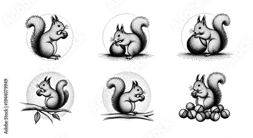 Six charming dot art illustrations of squirrels holding nuts in various poses