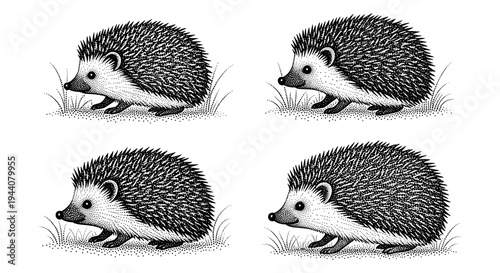 Four identical stippled hedgehogs in a row on a white background with grass and dirt