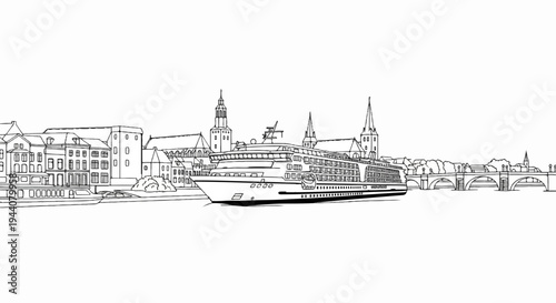 A large cruise ship passes by historic buildings and a stone bridge