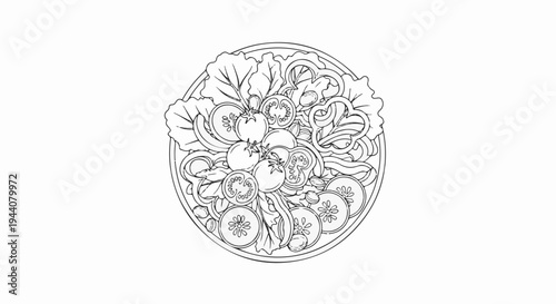 A circular dish with a vibrant salad, featuring sliced tomatoes, cucumbers, lettuce, and peppers