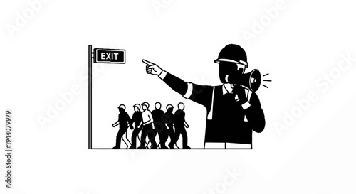 A leader with a megaphone directs a group toward an exit sign