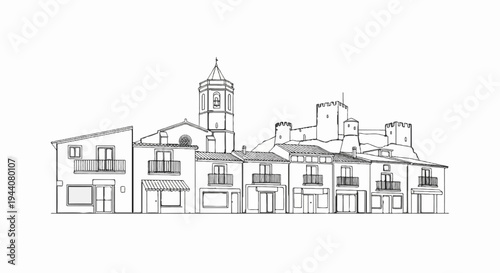 A line drawing of a European town featuring a church, castle, and shops
