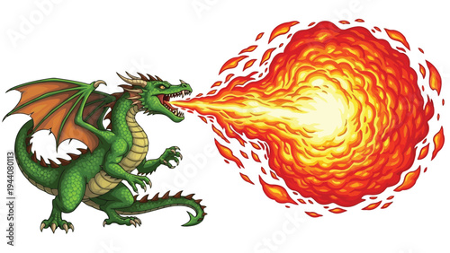 Mythical dragon unleashing powerful flames into the sky with intense energy Vector