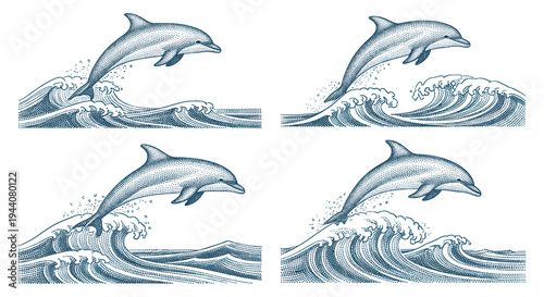Four dolphins leaping over ocean waves in a vintage dot art illustration style