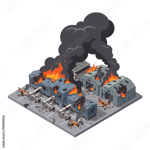 isometric vector flat of an airport damaged by fire from a missile attack 09