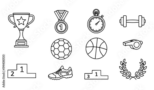 Competitive Sports Equipment and Athletic Achievement Vector Icon Set