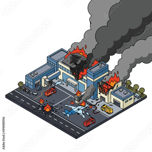isometric vector flat of an airport damaged by fire from a missile attack 7