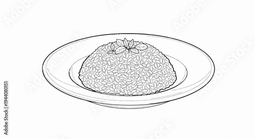 A line drawing of a pile of rice with a mint leaf garnish on a plate