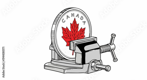 A coin with a maple leaf is squeezed tightly in a vise