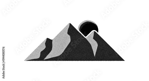 Minimalist mountain range with sun silhouette in a retro halftone dot art style
