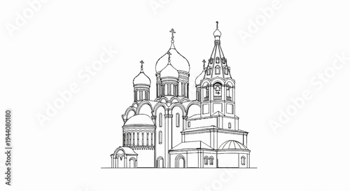 A line drawing of an elaborate domed religious structure with multiple spires and arches