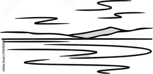 Abstract representation of a serene lake reflecting a solitary mountain peak and wispy clouds