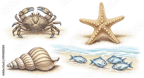 Collection of marine life including a crab, starfish, seashell, and small fish on sandy beach
