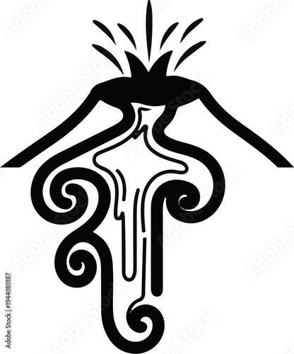 Abstract representation of a volcano erupting with stylized lava flows