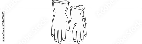 A line drawing of two protective gloves hanging from a horizontal bar