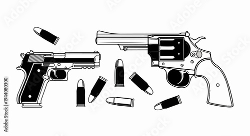 A collection of handguns, a revolver and a semi-automatic pistol with loose bullets
