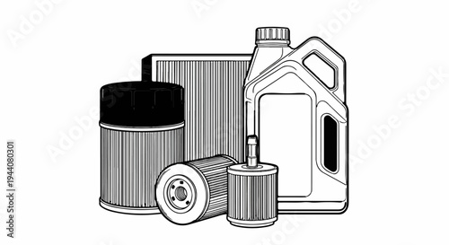 A collection of engine maintenance items including oil filters and a jug