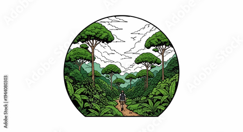 A lone hiker walks on a dirt path through a lush, green rainforest towards distant mountains