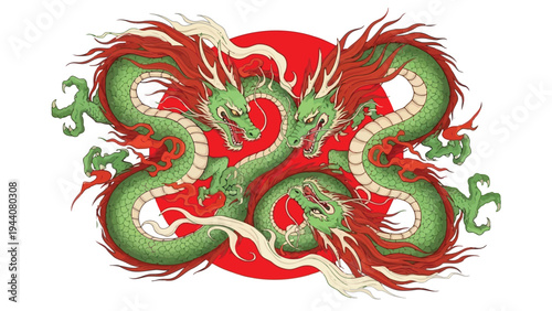 Vibrant chinese dragon emblem with traditional red and green patterns Vector